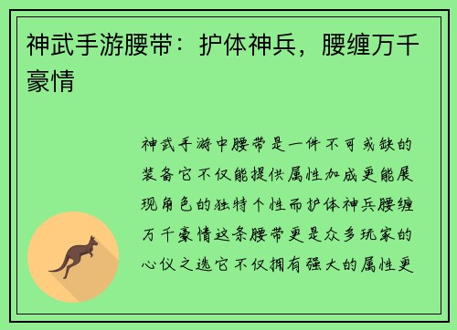 神武手游腰带：护体神兵，腰缠万千豪情